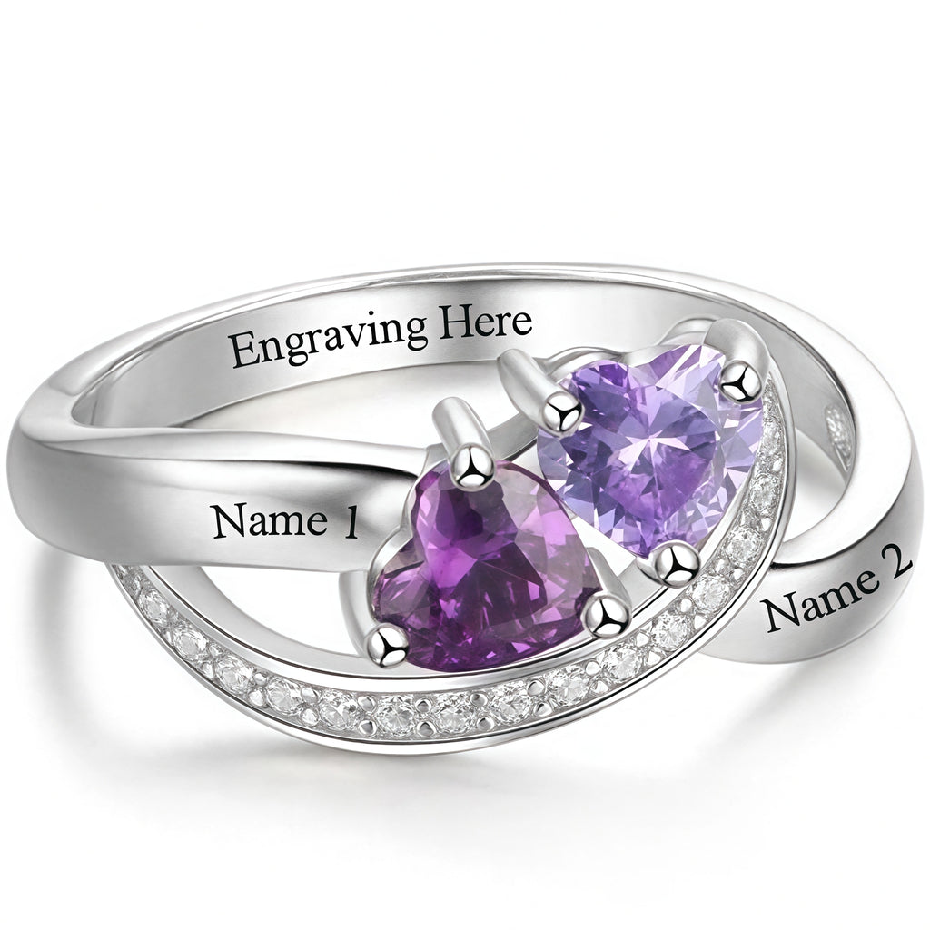 Jewelry 925 Silver European And American Hot-Selling Inlaid Heart-Shaped Birthstone Heart-To-Heart Couple Ring With Name Engraved