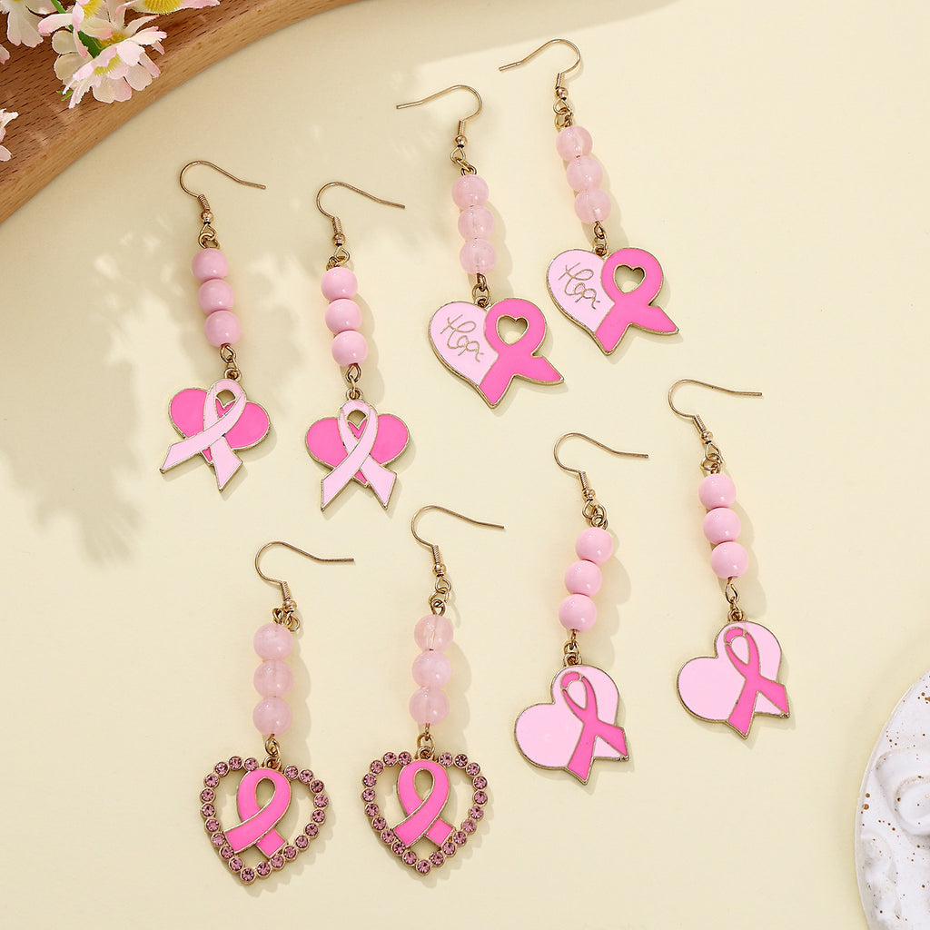European And American Style Breast Cancer Alloy Earrings - Pink And Red Rose Theme Ribbon Earrings