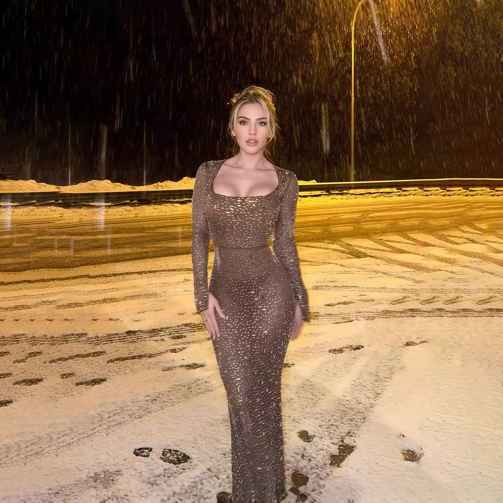 Cross-Border European And American Heavy Industry Hot Girl Rhinestone Nude See-Through Sexy Slim Long-Sleeved Dress Long Skirt Banquet Evening Dress