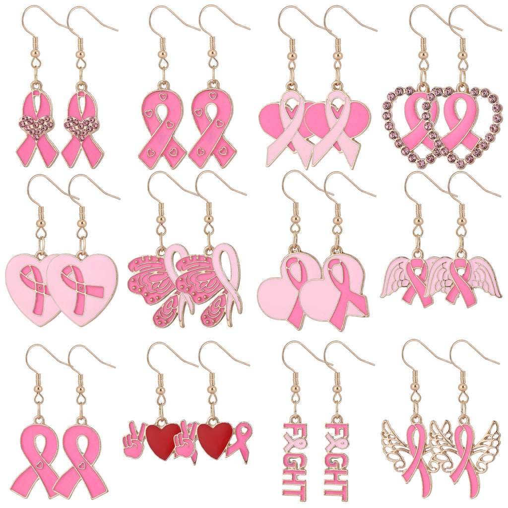 European And American Style Pink Ribbon Alloy Earrings, Breast Cancer Pink Rose Red Themed Earrings
