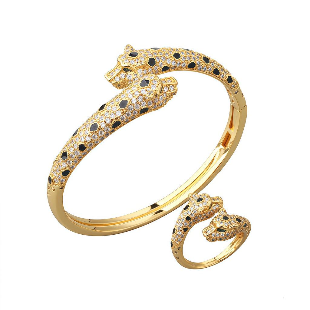 Classic Fashion Necklacetrendy Western-Style Spotted, Fully Rhinestone-Encrusted Double-Leopard-Head Bracelet And Ring Set—Sophisticated, Affordable Luxury Fashion.
