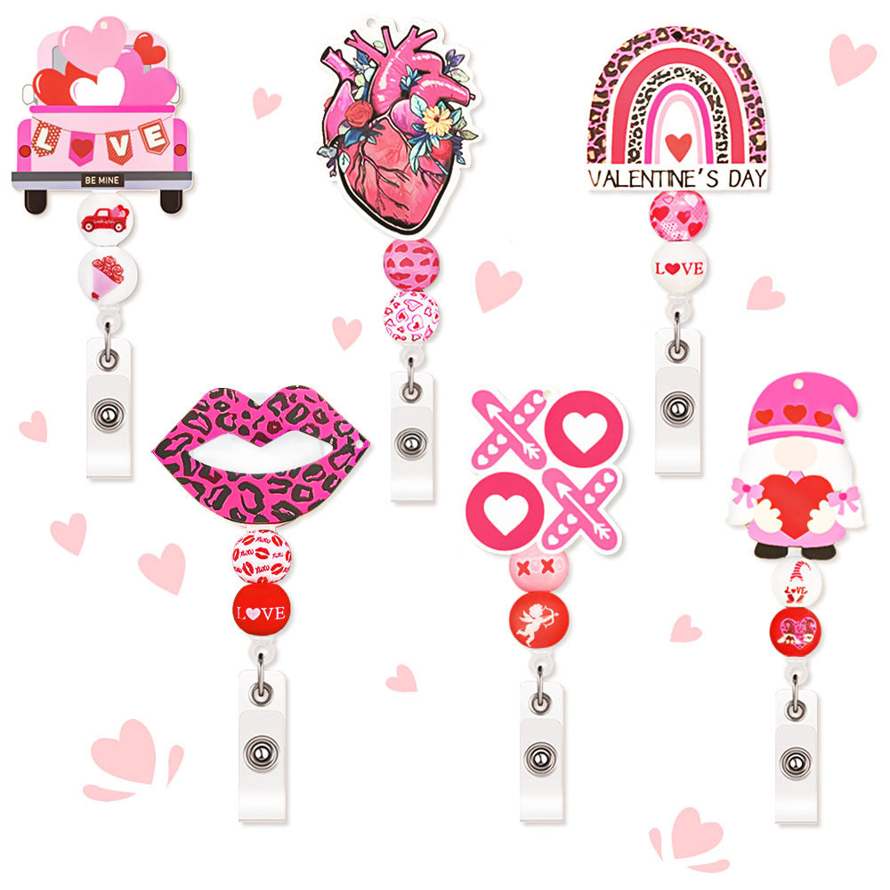 Acrylic Badge Reel Hot Sale Valentine's Day Beaded Wood Chip Medical Retractable Clip Easy Pull Buckle Id Buckle Badge Clip Nurse's Day Gift